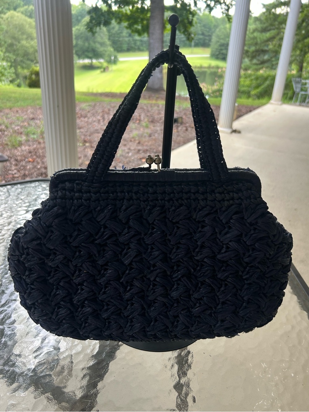 Navy Blue Woven Raffia Kiss Lock Top Handle Handbag Coastal Summer Purse